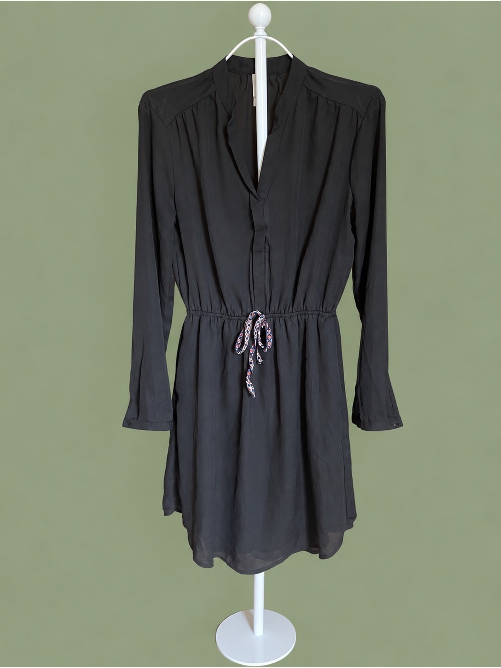 Black Long Sleeve Drawstring Waist Shirt Dress